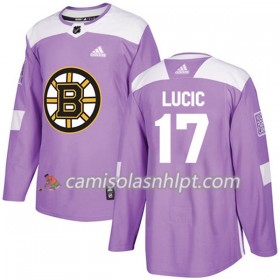 Camisola Boston Bruins Milan Lucic 17 Adidas 2017-2018 Roxo Fights Cancer Practice Authentic - Homem